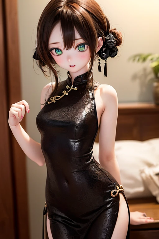 (SFW:2), photorealistic, realistic photo, 8k, ((highest quality)), ((masterpiece)), (extremely detailed), kukolnydom, doll, (1girl, 20yo, 20 years old:1.6), solo, ((cowboy shot, standing, slim, slender, skinny, medium breasts, china dress, qipao, chinese room)), (parted lips, green eyes, brown hair, plastic skin, looking at another, glass eyes, gradient eyes, shining eyes, detailed eyes:1.3)