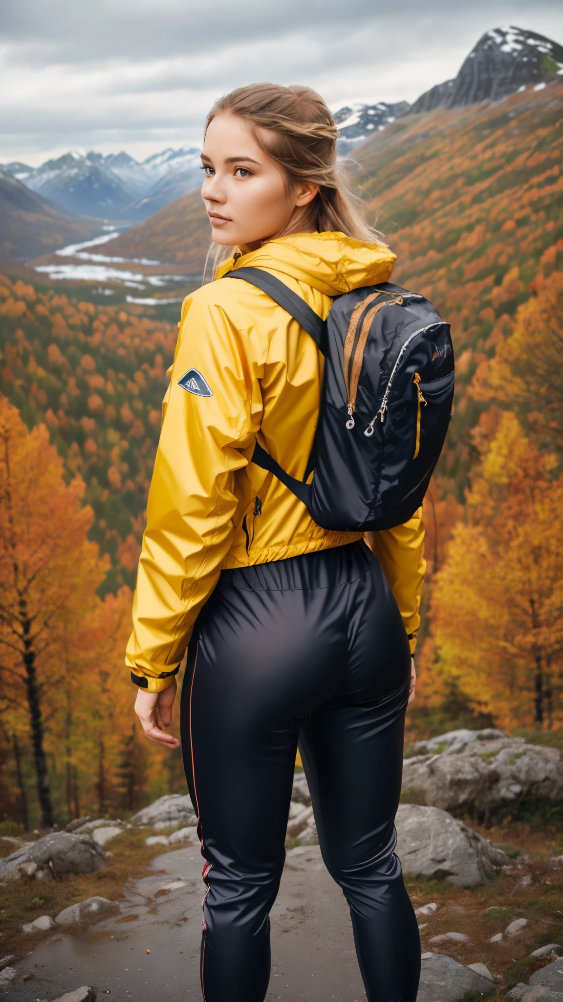 Naturescape photography; mountain climbing; Full body view; (1woman:0.5, solo), (slender body), (Small breasts) , (soaking wet red wind jacket ,tight satin Pants, terrain running shoes, big rucksack), standing on a mountain peak, Rough track, boulders , (long yellow hair), (nordic girl, 26-year-old, ultra delicate face, ultra Beautiful face, ultra delicate eyes, ultra detailed nose, ultra detailed mouth, ultra detailed facial features, natural skin, blemishes, blue eyes), (breasts are small: 0.5) (face is shiny:0.8), (natural skin:1  m, (Spectacular autumn rain, mountain views, with rugged Norwegian mountain ranges in the distance ), (Highest Quality, hyper-realistic:1.3, Super dense, very detailed illustration, Best image quality, very detailed illustration) natural skin, blemishes, detail skin texture, full body pose, natural skin poors, (((shot straight from the behind ))) she is uncomfortable and cold, afraid, sexy Ass, candid Ass,