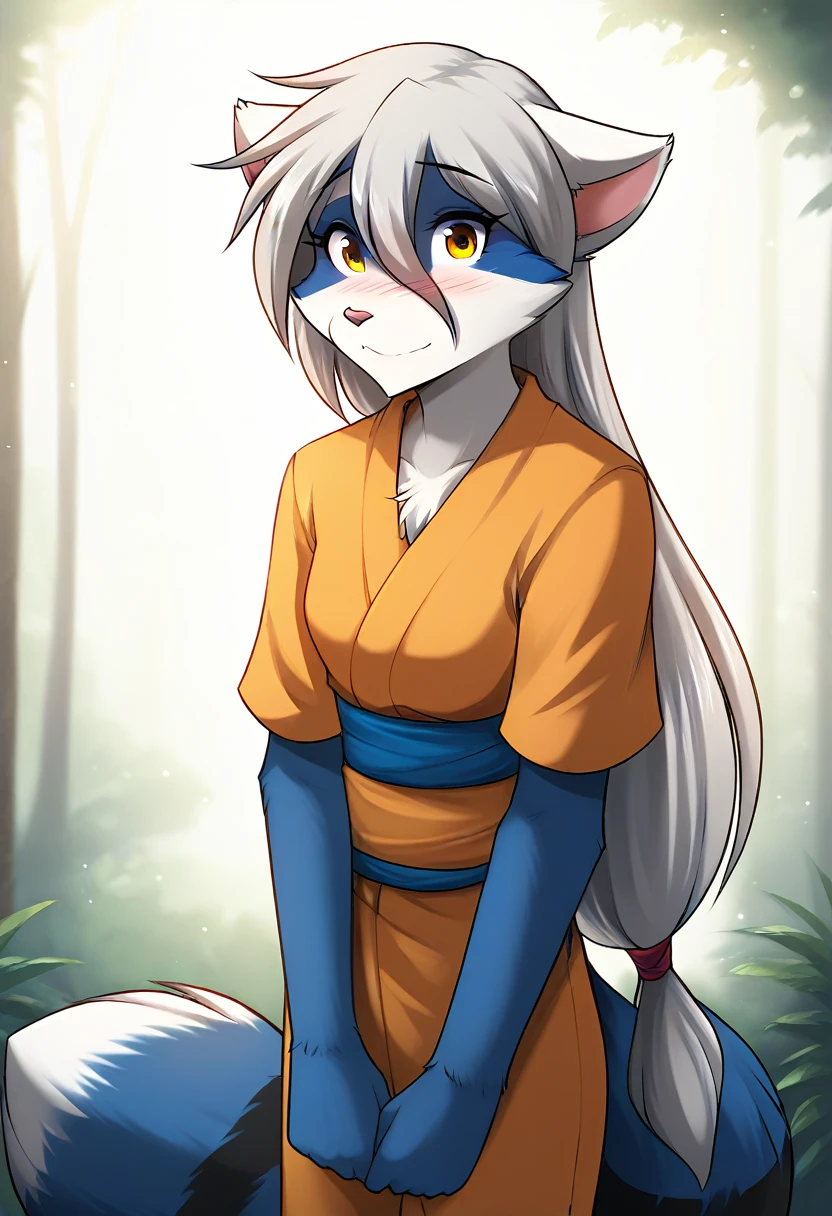 score_9, score_8_up, score_7_up, score_6_up, score_5_up, score_4_up, rating_explicit, source_furry, female, cute anthro female, cute face, detailed background, looking at viewer, solo, solo focus, (digital pen line-art, soft lines, soft shading, pinup, cartoon, anime:1.2), tkraine, (raccoon:1.3), yellow eyes, silver hair, white fur, anthro, (kunoichi:1.4), forest, ninja scroll, blush, shy