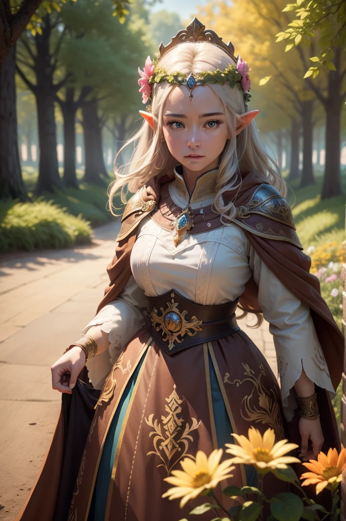 Female, Wood elf cleric, crown of colourful flowers on head, brown robe with vibrant flower motifs, beautiful, pristine, rpg, hi res, 4k, 8k, 16k, ultrahd, realisitic, photon mapping, radiosity, cinematic lighting, sharp focus, best quality, volumetric lighting, volumetric light, concept art, path tracing. warm colors, (RAW photo., best quality), (realistic, Realistic: 1.3), NVIDIA RTX Ray Tracing, octan render, high-resolution, beautiful, Awesome, finely and highly detailed, masterpiece, ultra-detailed, High, (best illustration), (best shadow), intricate, sharp focus, perfect composition, fantasy, intricate, elegant, volumetric mist, 8k UHD, DSLR, high quality, (grain of film: 1.4), Fujifilm XT3, art-station, smooth and sharp focus, detailed