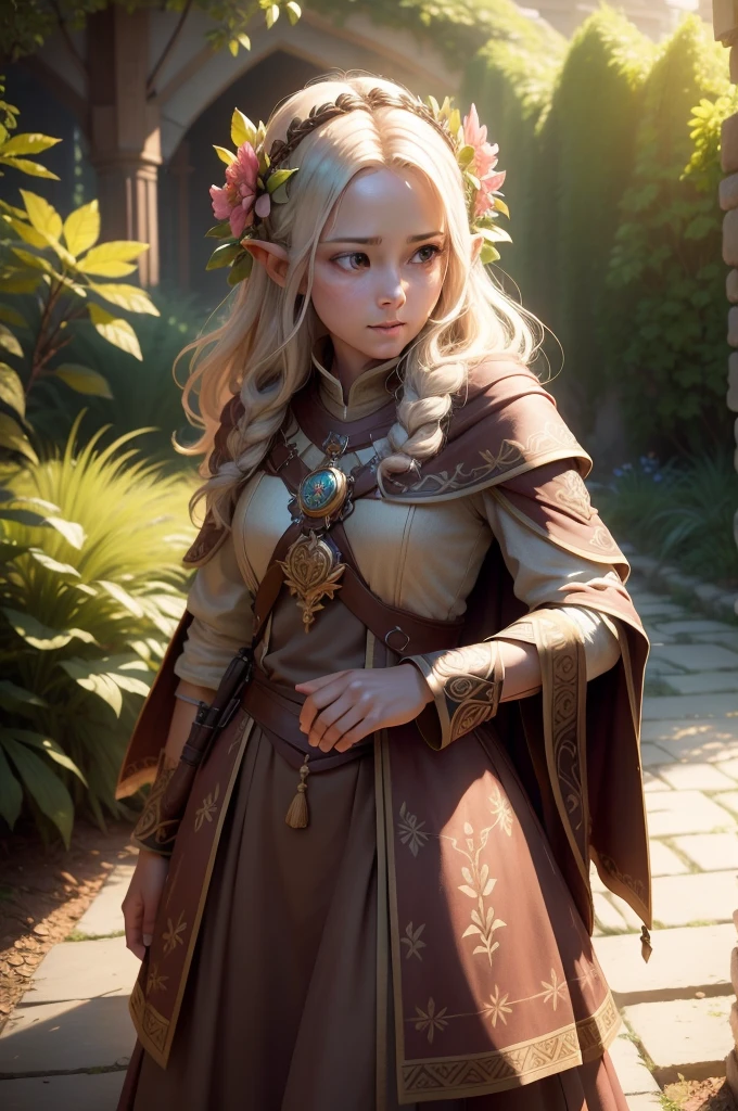 Female, Wood elf cleric, crown of colourful flowers on head, brown robe with vibrant flower motifs, beautiful, pristine, rpg, hi res, 4k, 8k, 16k, ultrahd, realisitic, photon mapping, radiosity, cinematic lighting, sharp focus, best quality, volumetric lighting, volumetric light, concept art, path tracing. warm colors, (RAW photo., best quality), (realistic, Realistic: 1.3), NVIDIA RTX Ray Tracing, octan render, high-resolution, beautiful, Awesome, finely and highly detailed, masterpiece, ultra-detailed, High, (best illustration), (best shadow), intricate, sharp focus, perfect composition, fantasy, intricate, elegant, volumetric mist, 8k UHD, DSLR, high quality, (grain of film: 1.4), Fujifilm XT3, art-station, smooth and sharp focus, detailed