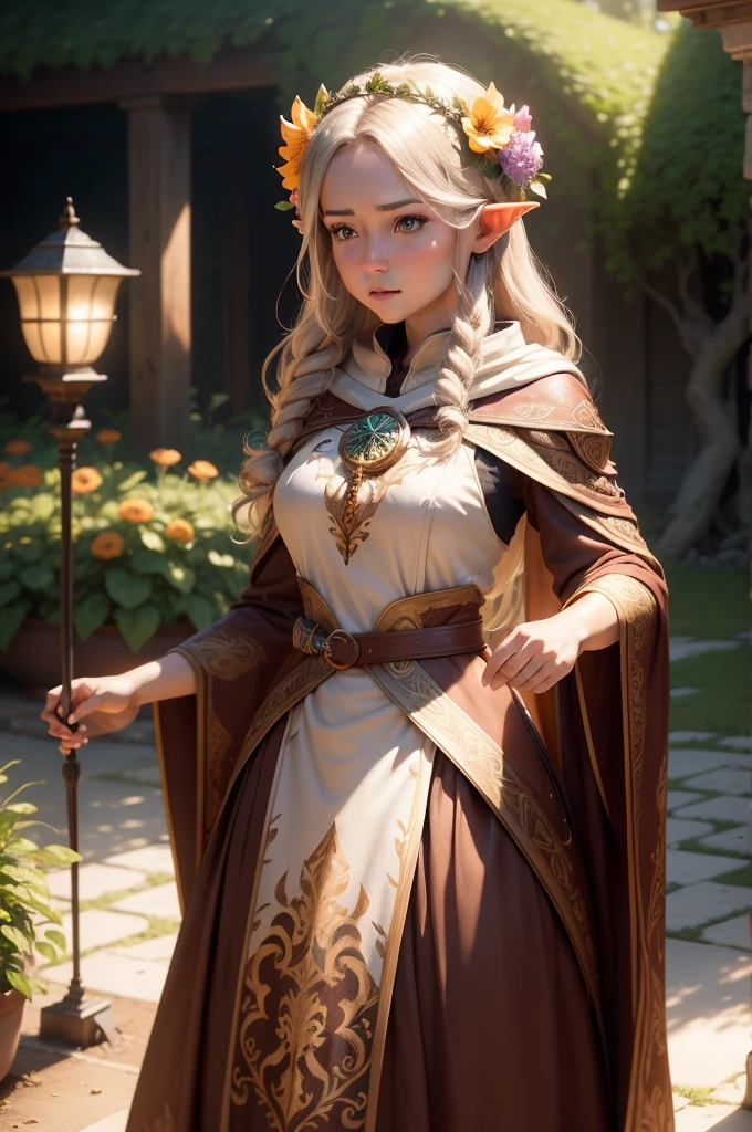 Female, Wood elf cleric, crown of colourful flowers on head, brown robe with vibrant flower motifs, beautiful, pristine, rpg, hi res, 4k, 8k, 16k, ultrahd, realisitic, photon mapping, radiosity, cinematic lighting, sharp focus, best quality, volumetric lighting, volumetric light, concept art, path tracing. warm colors, (RAW photo., best quality), (realistic, Realistic: 1.3), NVIDIA RTX Ray Tracing, octan render, high-resolution, beautiful, Awesome, finely and highly detailed, masterpiece, ultra-detailed, High, (best illustration), (best shadow), intricate, sharp focus, perfect composition, fantasy, intricate, elegant, volumetric mist, 8k UHD, DSLR, high quality, (grain of film: 1.4), Fujifilm XT3, art-station, smooth and sharp focus, detailed