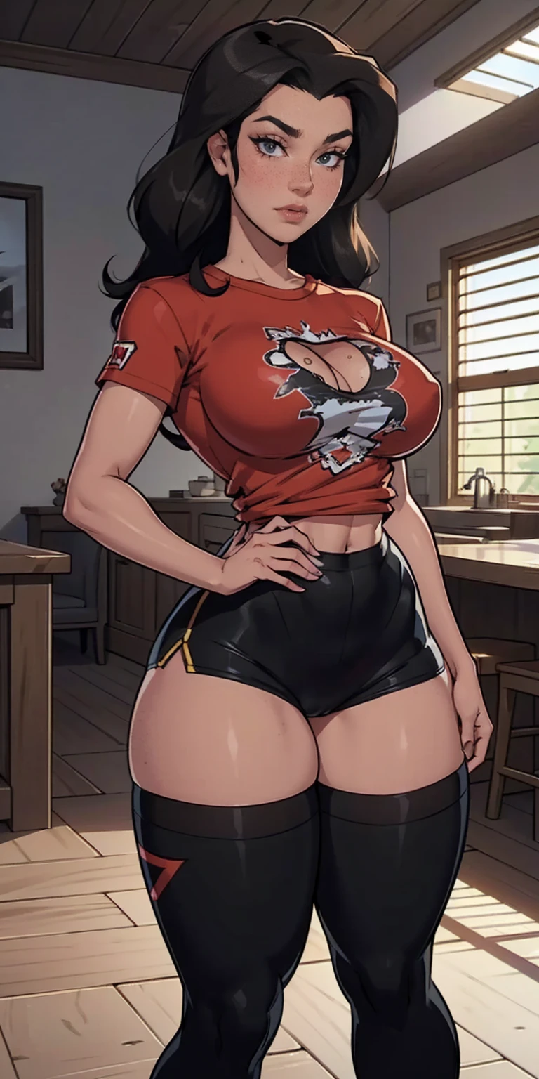 (masterpiece, best quality, hires, high resolution:1.2), ((character design sheet)), (extremely detailed, realistic, intricate details, highres), 1girl, solo, blush, freckles, eyeliner, eyeshadow, eyelashes, wearing fishnets thighhighs, oversized t-shirt, and combat boots, (large breasts, thick thighs, wide hips), indoors, (cinematic lighting, sunlight, volumetric), looking at viewer, eye-level shot, close-up shot.