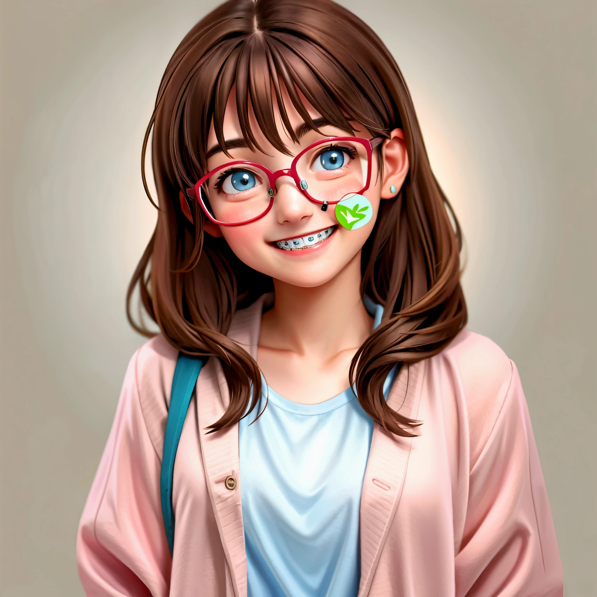 1 girl, smiling, braces, glasses, brown hair, blue eyes, highres, cute, blush