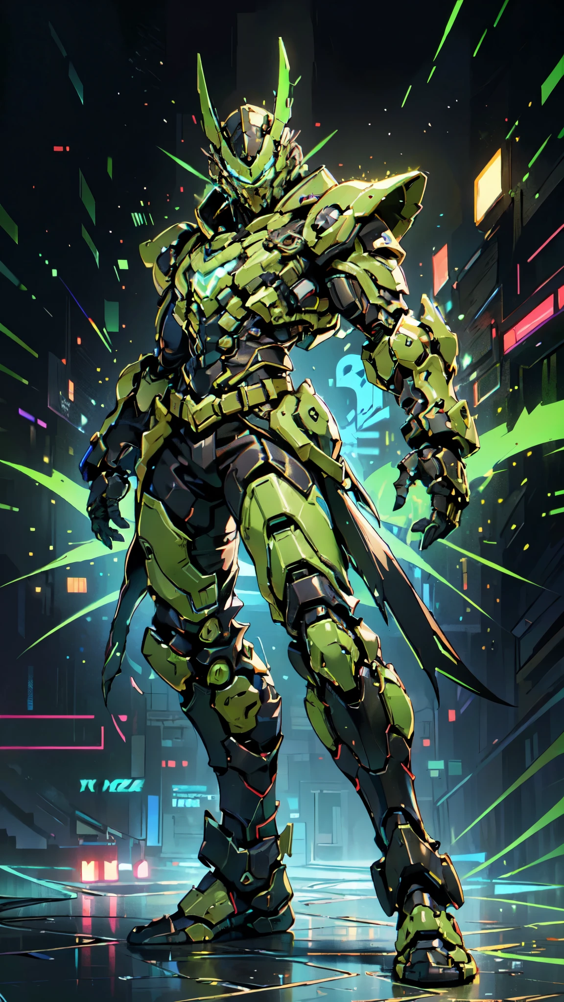 (masterpiece:1.5, best quality:1.5, extremely delicate:1.5, foreshortening:1.5, dynamic angle:1.5), a man wearing a full-face helmet, a fantasy-style biotech armored combat suit, green eyes, (a composite layered chest armor), fully enclosed shoulder guards, matching arm and leg guards, the belt is adorned with neon circuitry, (the color scheme is primarily black glow with green and red accents), the design balances heavy with agility, a high-tech bio-mecha armor, (Armor Concept Inspired by neon Cyberpunk, stand on the top of a skyscraper in a futuristic sci-fi city), this character embodies a finely crafted fantasy-surreal style armored hero in anime style, exquisite and mature manga art style, (element, plasma, energy, the armor glows), ((male:1.5)), metallic, high definition, highres, ultra-detailed, ultra-fine painting, professional, perfect body proportions, golden ratio, anatomically correct, symmetrical face, extremely detailed eyes and face, high quality eyes, creativity, RAW photo, UHD, 32k, Natural light, cinematic lighting, masterpiece-anatomy-perfect