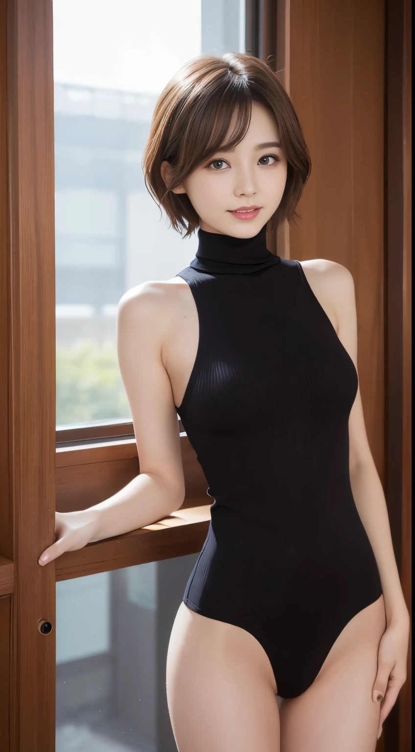 Fragments flying、best quality、one example、very good、How are you、high resolution、8k wallpaper、Perfect dynamic composition、(((whole body)))、((From below))、20 years old cute girl、Detailed beautiful face、Delicate and lovely eyes、Delicate skin、My cheeks were red、Shy、(short hair:1.3)、(Brown Wavy Hair)、Small Breasts、Bold and sexy pose、Smile、(sleeveless、Navel exposed、Fitted Turtleneck Sweater)、Hot Pants Lace Street、Small Breasts、、Small butt、Thin buttocks、Please generate on the eaves.、Thin shoulders、underwear、