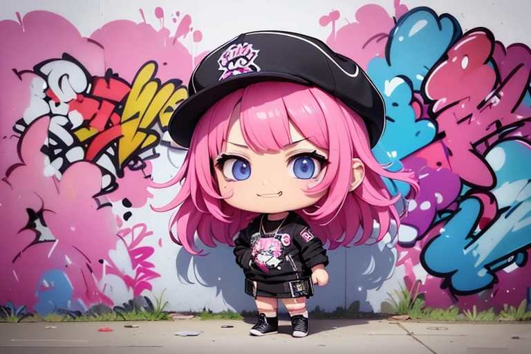 ((Highest quality)), ((masterpiece)), (detailed), Perfect Face, Perfect Arms, Perfect hands, Perfect Fingers, anime, Ultra-fine illustration, ((1 person)), ((Chibi Character)), Girl, (smug face:1.3), Punk Fashion, (Hip Hop Cap), {Pink Hair}, bangs, Cowboy Shot,  (graffiti:1.3), (Under Guard), (wall), Outdoor,