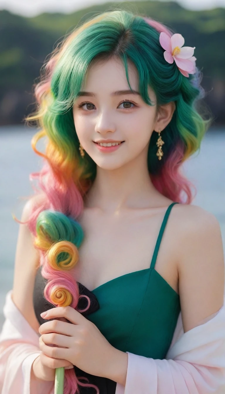 1 Girl, (Rainbow Hair, Colorful Hair, half green and half pink hair: 1.2), 17 years old, green_null, Have a magic wand, summer (Oceansupon), petal_upon_liquid, Black hooded cloak, red and black ripped dress, skirt: 1.2, (gold lupong curly hair: 1.5), null, Outdoor, cloud, bangs, smile, null green eyes, Bare shoulders, Perfect hands, Hand Detail, Repaired finger. Earrings, Ocean + background, Looking_in_Audience, Cowboy Shot, Highest quality, Rich details, Perfect image quality, sunrise