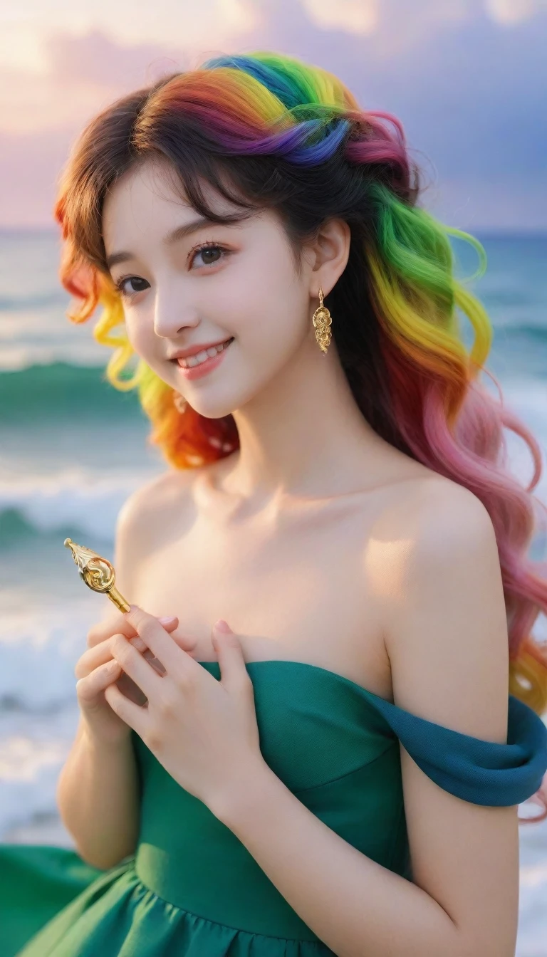 1 Girl, (Rainbow Hair, Colorful Hair, half green and half pink hair: 1.2), 17 years old, green_null, Have a magic wand, summer (Oceansupon), petal_upon_liquid, Black hooded cloak, red and black ripped dress, skirt: 1.2, (gold lupong curly hair: 1.5), null, Outdoor, cloud, bangs, smile, null green eyes, Bare shoulders, Perfect hands, Hand Detail, Repaired finger. Earrings, Ocean + background, Looking_in_Audience, Cowboy Shot, Highest quality, Rich details, Perfect image quality, sunrise