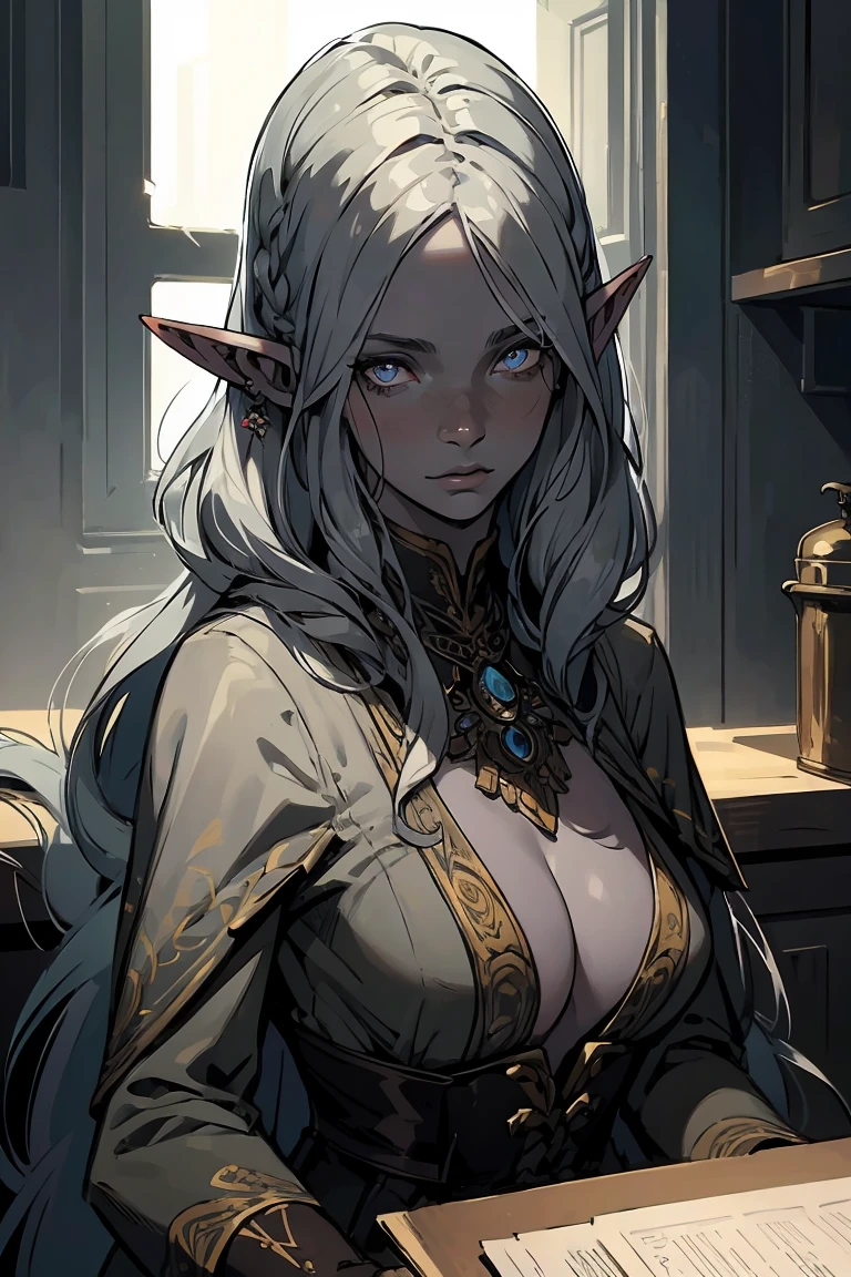 high quality: 1.3, cinematic frame, masterpiece, very detailed bright portrait, drow (elven long ears), ((Girl with gray skin)) (beautiful young woman), pretty face, fantasy, hairstyle, (long white hair), glowing hair, night, (very detailed skin), detailed background, in kitchen, indoor, soft lighting, tavern crepuscular lighting, volumetric lighting, complex parts, UHD