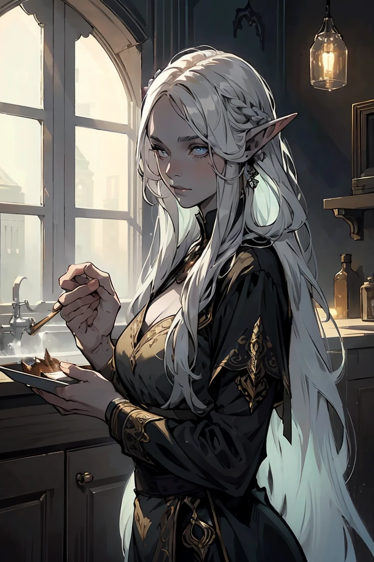 high quality: 1.3, cinematic frame, masterpiece, very detailed bright portrait, drow (elven long ears), ((Girl with gray skin)) (beautiful young woman), pretty face, fantasy, hairstyle, (long white hair), glowing hair, night, (very detailed skin), detailed background, in kitchen, indoor, soft lighting, tavern crepuscular lighting, volumetric lighting, complex parts, UHD