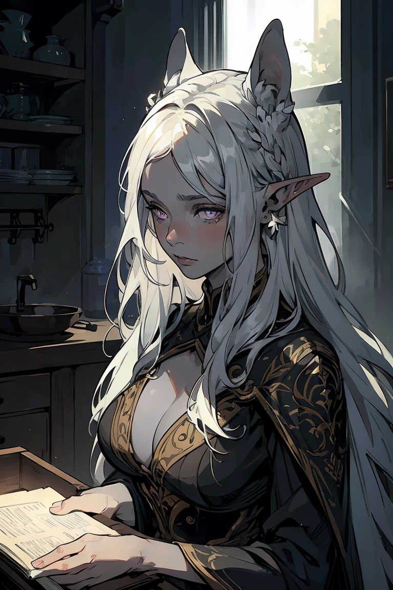 high quality: 1.3, cinematic frame, masterpiece, very detailed bright portrait, drow (elven long ears), ((Girl with gray skin)) (beautiful young woman), pretty face, fantasy, complex hairstyle
, (white hair), glowing hair, night, (very detailed skin), detailed background, in kitchen, indoor, soft lighting, tavern crepuscular lighting, volumetric lighting, complex parts, UHD