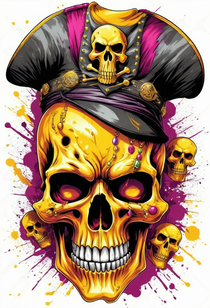 T-shirt art vector ready to print colorful graffiti illustration of masked yellow pirate skull and hat web decorated with jewels of precious rubies and emeralds and skeleton beard decorated with yellow diamonds, beautiful stone jewelry teeth, frontal perspective, action photo, vibrant color and welding, high détail, White background