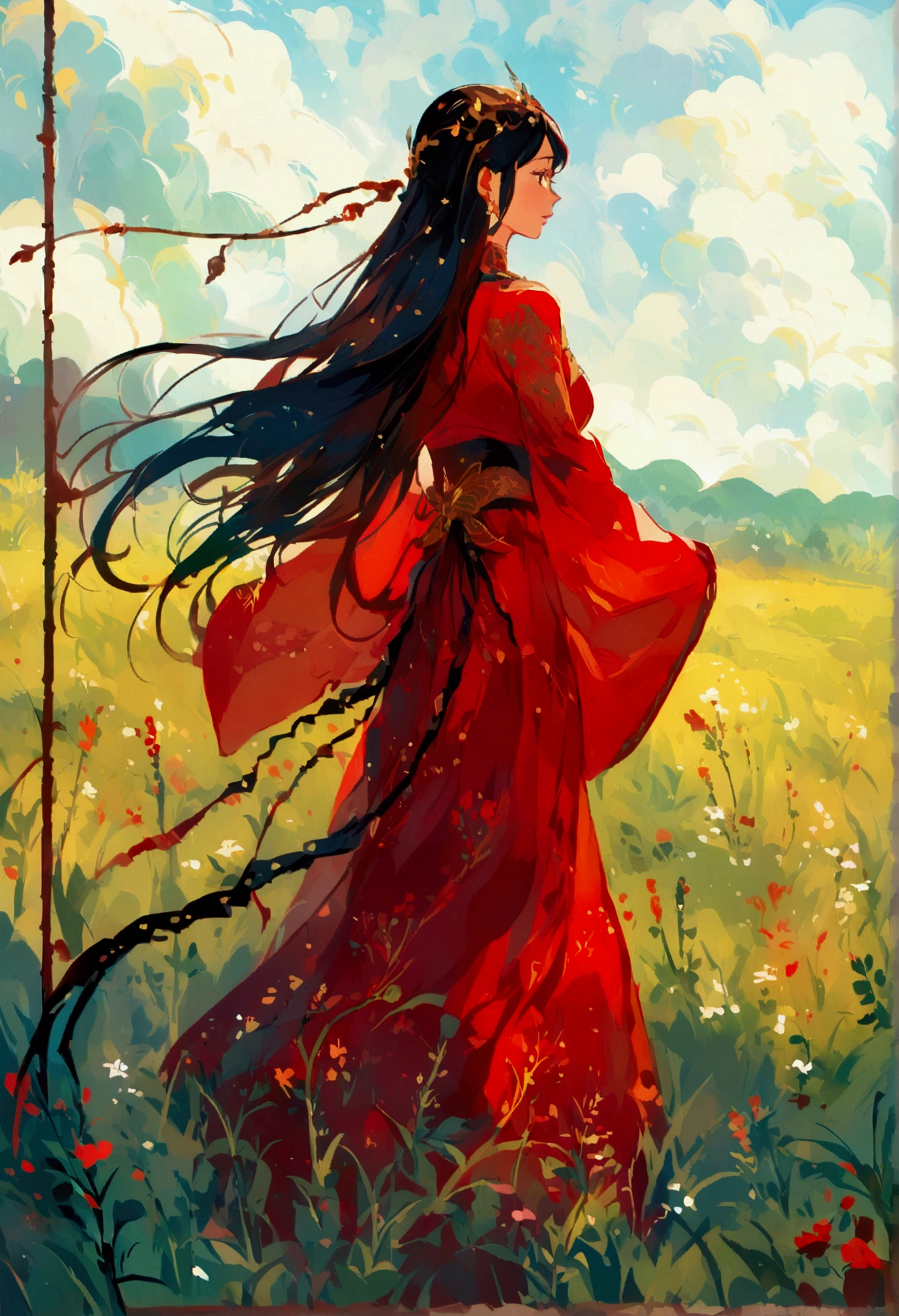 grassland，Red long skirt，Aesthetic，Rich colors，Illustration style