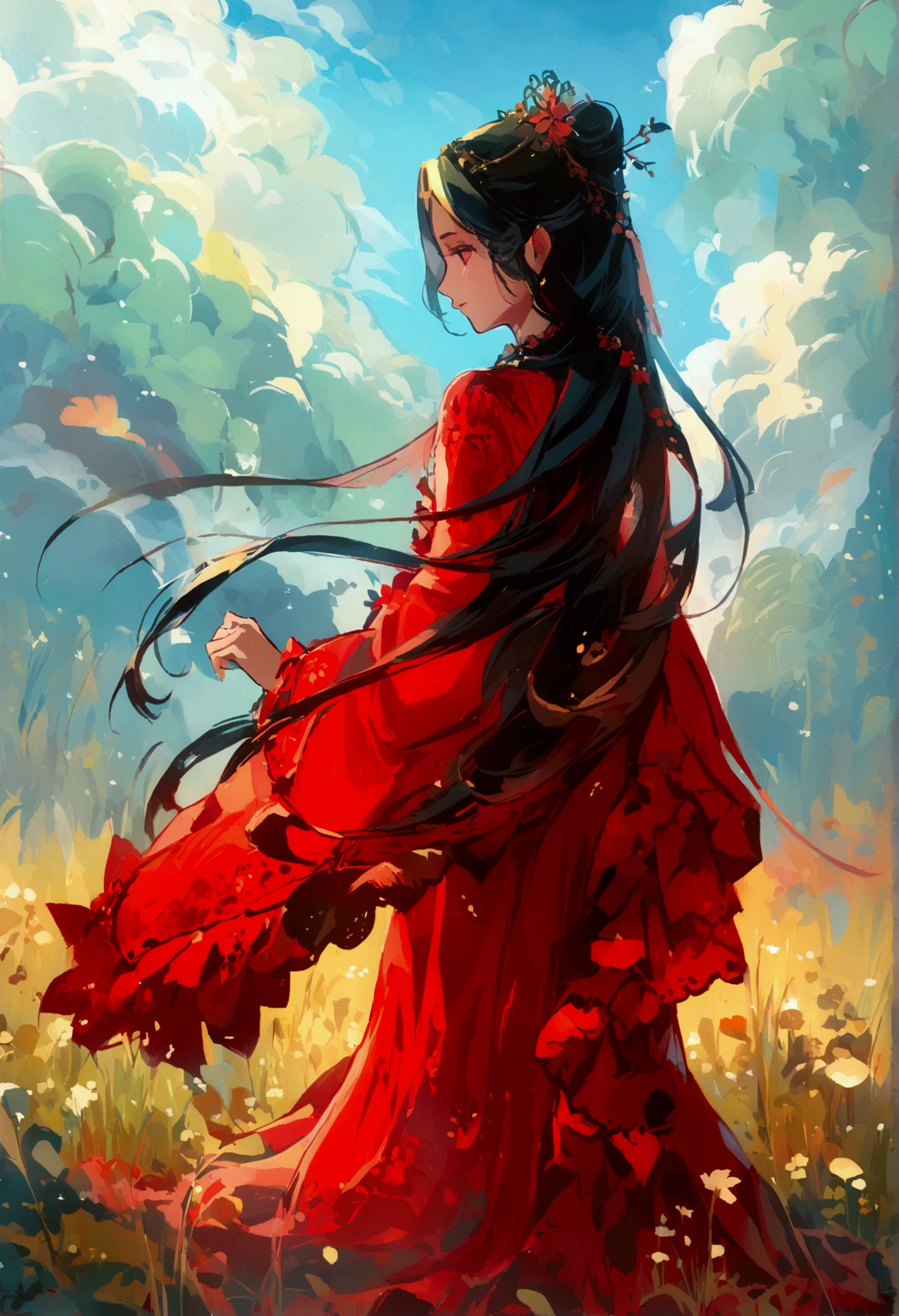 grassland,Red long skirt,Aesthetic,Rich colors,Illustration style