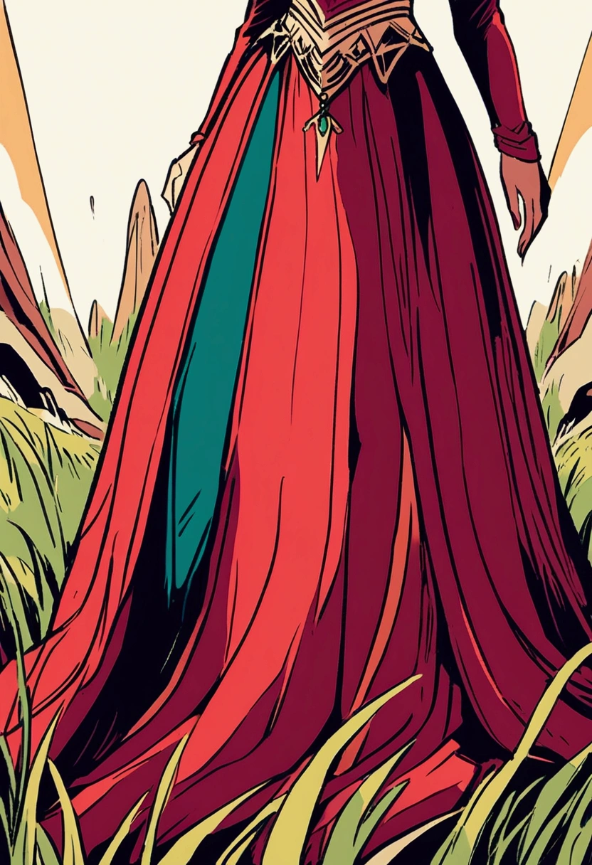grassland,Red long skirt,Aesthetic,Rich colors,Illustration style