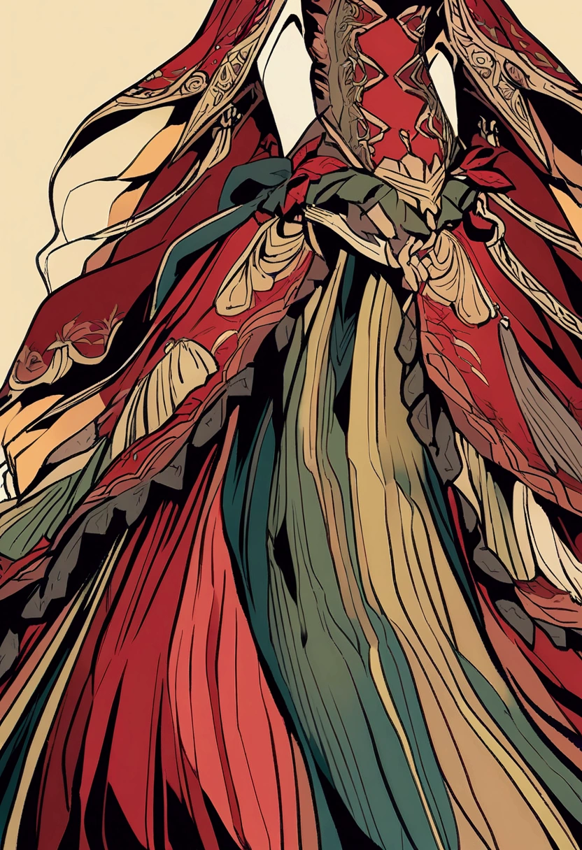 grassland,Red long skirt,Aesthetic,Rich colors,Illustration style