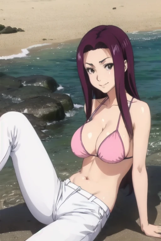 masterpiece, best quality, sakaki ryouko, wearing bikini under tanktop, large breasts, beach, furrowed brow,seductive smile, looking at viewer, wearing hat, put your hands behind your head, armpits, armpits visible, sweaty armpits