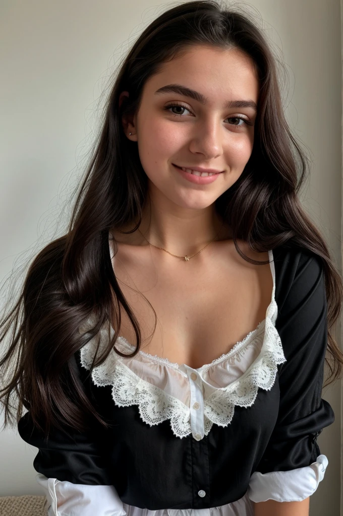 Instagram Photo, Photo de visage en gros plan de 20 Y.o Chloé french girl, en pull noir, Fission, pale skinned, (sourire:0.4), Ombres dures, Best quality, шедевр, ultra-high-resolution, (Fotorealistisch:1.4), RAW Photo, 1filles, ((Chemise de nuit en dentelle noire)), ((grande poitrine)), cold light