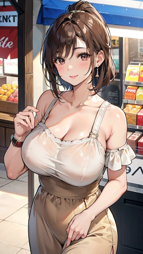 Female 26 years old，housewife，Sunlight，Smile，put on lipstick，Light brown curly short hair，A ponytail on the left，Slightly plump，Firm breasts，market shopping，Wearing a watch on the right hand，half moon earrings
