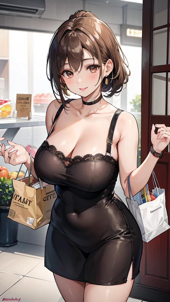 Female 26 years old，housewife，Sunlight，Smile，put on lipstick，Light brown curly short hair，A ponytail on the left，Slightly plump，Firm breasts，market shopping，Wearing a watch on the right hand，half moon earrings