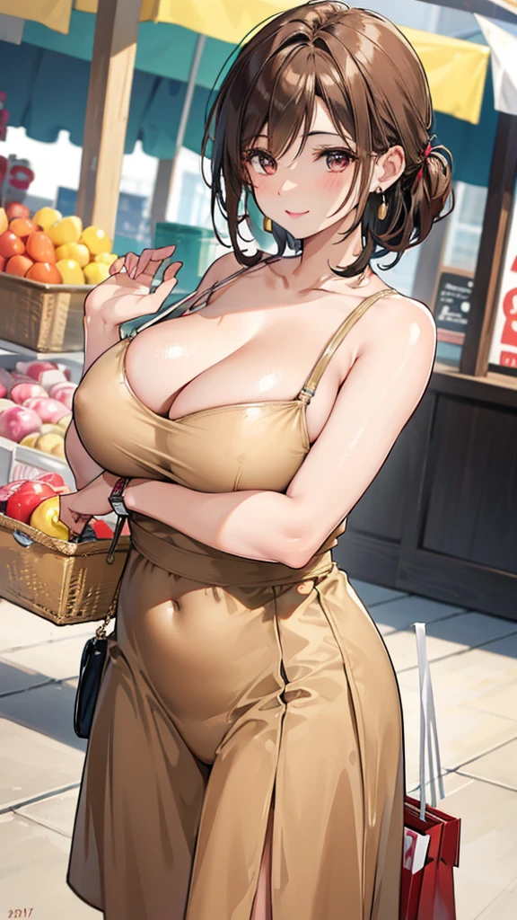 Female 26 years old，housewife，Sunlight，Smile，put on lipstick，Light brown curly short hair，A ponytail on the left，Slightly plump，Firm breasts，market shopping，Wearing a watch on the right hand，half moon earrings
