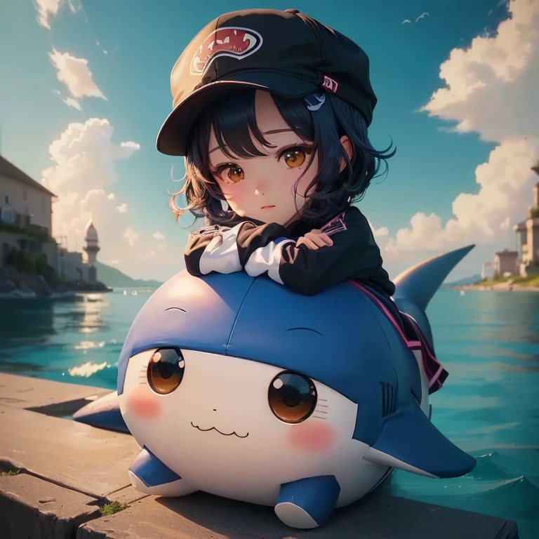 Anime girl sits on a shark toy in front of a body of water., artwork in the style of Guvez, Cute detailed digital art., Guvez, anime style 4 k, cute digital paintings, anime style. 8K, Trending on cgstation, anime style 3 มิติที่สมจริง, Cool anime, Profile picture 1024px