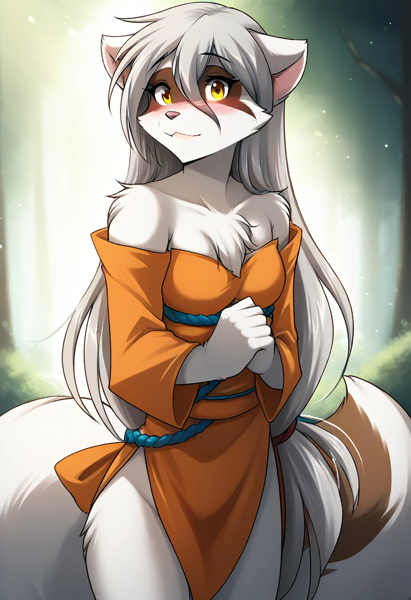 score_9, score_8_up, score_7_up, score_6_up, score_5_up, score_4_up, rating_explicit, source_furry, female, cute anthro female, cute face, detailed background, looking at viewer, solo, solo focus, (digital pen line-art, soft lines, soft shading, pinup, cartoon, anime:1.2), tkraine, (raccoon:1.3), yellow eyes, silver hair, (white fur, BUSHY TAIL:1.4), anthro, (kunoichi:1.4), forest, ninja scroll, blush, shy
