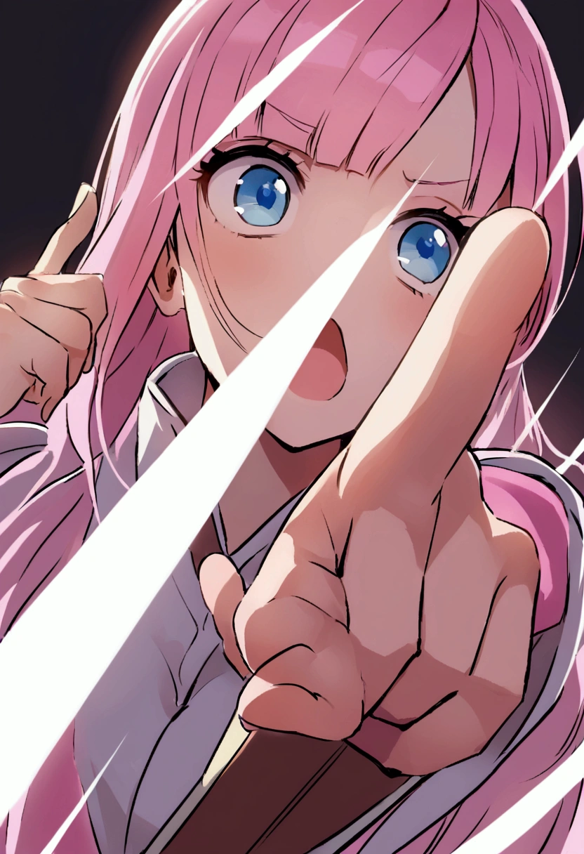 Point the other person with the index finger of one hand.1Pointing with a book、be surprised、Uh huh?、、Pink haired woman、blue eyes