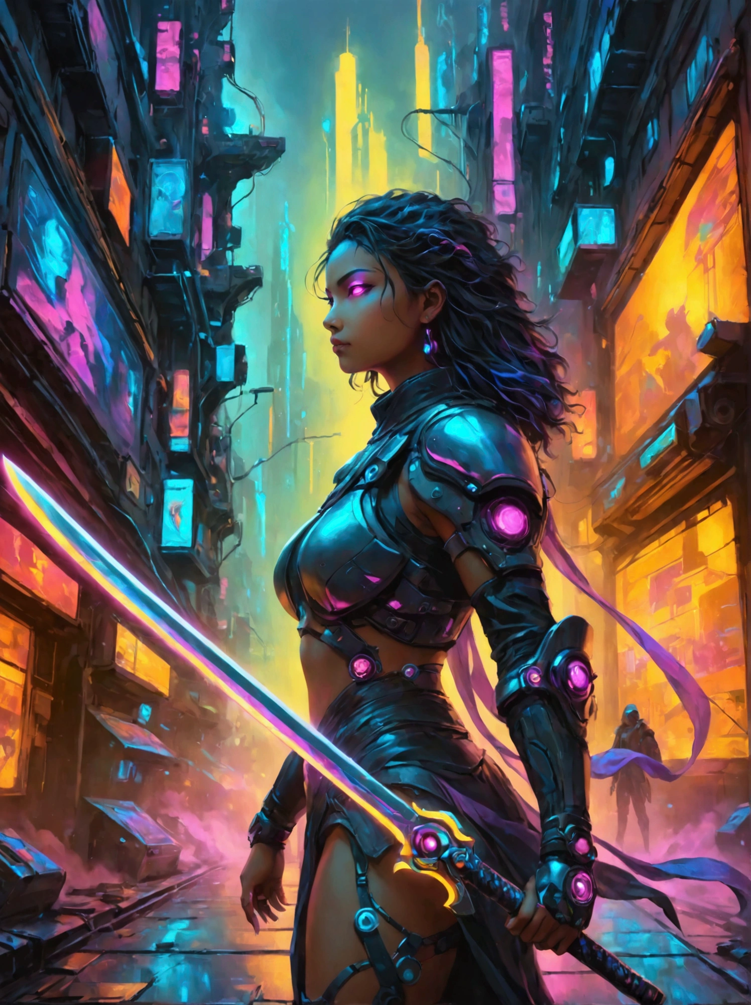 A futuristic warrior, resplendent in glowing armor of vibrant neon shades, stands poised in an active, dynamic stance. The warrior, whose descent is South Asian and gender is female, grasps a light-emanating sword with an air of readiness and intensity. The scene captures the aesthetics of cyberpunk, painted digitally with bold, adventurous brush strokes that mimic the flow and urgency of the situation. Billows of energy erupt around her, as if the city nightscape itself is reacting to her presence. It's a whirlwind of luminosity and avant-garde futurism, encapsulating a cyberpunk warrior's resolve in the face of adversity