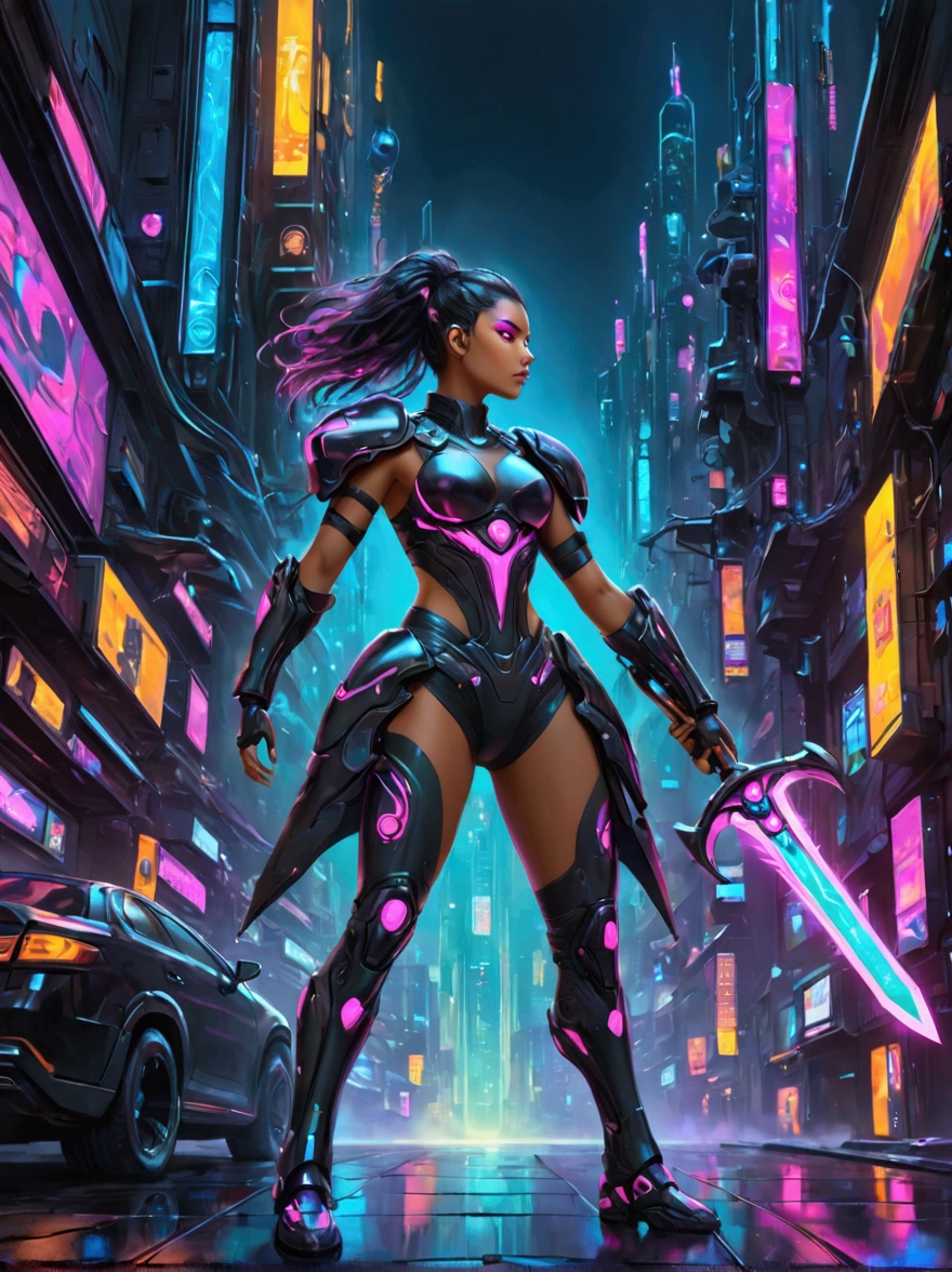 A futuristic warrior, resplendent in glowing armor of vibrant neon shades, stands poised in an active, dynamic stance. The warrior, whose descent is South Asian and gender is female, grasps a light-emanating sword with an air of readiness and intensity. The scene captures the aesthetics of cyberpunk, painted digitally with bold, adventurous brush strokes that mimic the flow and urgency of the situation. Billows of energy erupt around her, as if the city nightscape itself is reacting to her presence. It's a whirlwind of luminosity and avant-garde futurism, encapsulating a cyberpunk warrior's resolve in the face of adversity