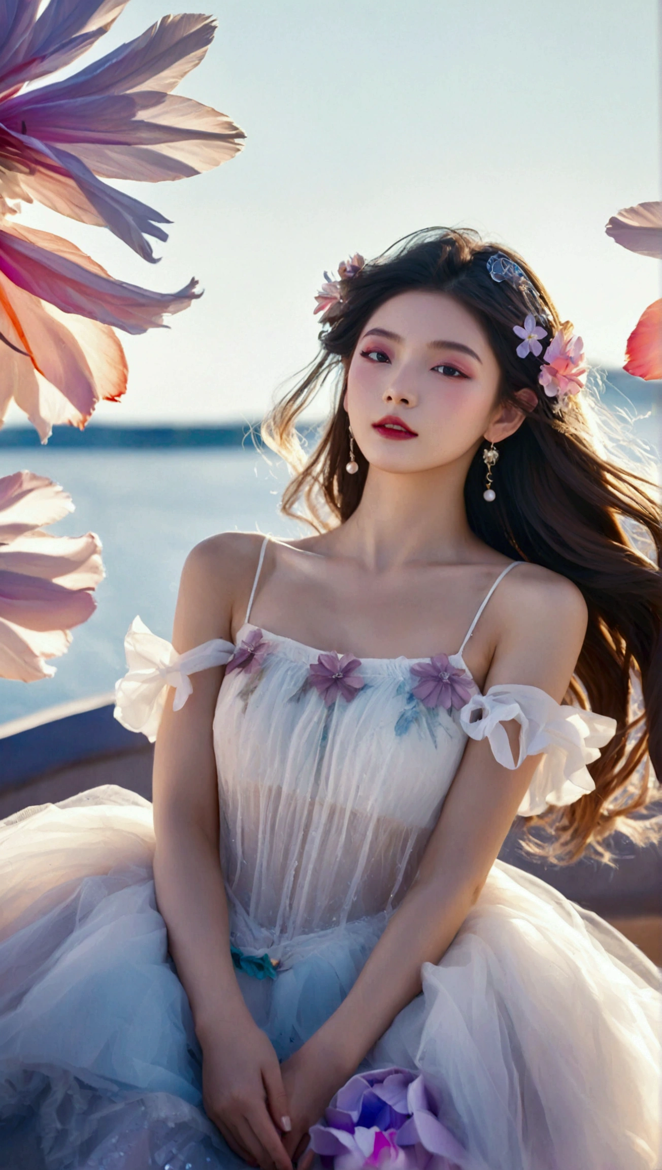Masterpiece,Dazzling multicolored light,ultra detailed,A girl.,In the flowers,**** a sleeping princess,Earrings,White feather tulle,Long white eyelashes,Extra-long hair is slightly curly,White hair,(Hair takes up the entire frame),a charming face,Glowing lips,clavicle,Shoulder exposure,Floating petals,Dreamy and beautiful,The characters are thick and painted.,Fine strokes,Wallpaper,The background is graded with white and purple,anime aesthetic,Poolcoreanime beauty,Hyperrealism,sparkle,textured skin,super detail,best quality,8k, ,