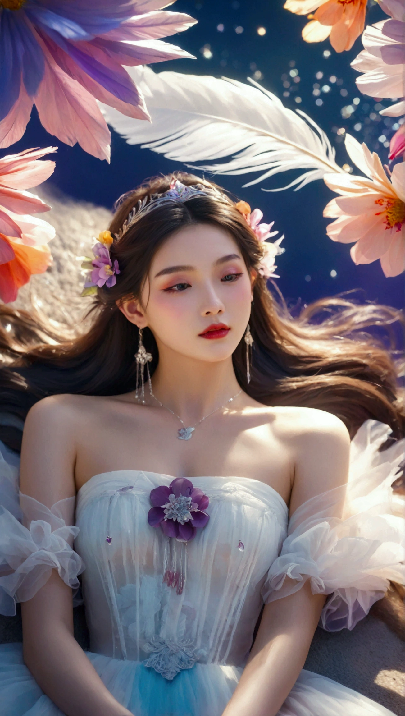 Masterpiece,Dazzling multicolored light,ultra detailed,A girl.,In the flowers,**** a sleeping princess,Earrings,White feather tulle,Long white eyelashes,Extra-long hair is slightly curly,White hair,(Hair takes up the entire frame),a charming face,Glowing lips,clavicle,Shoulder exposure,Floating petals,Dreamy and beautiful,The characters are thick and painted.,Fine strokes,Wallpaper,The background is graded with white and purple,anime aesthetic,Poolcoreanime beauty,Hyperrealism,sparkle,textured skin,super detail,best quality,8k, ,
