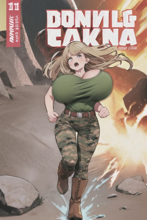 Boots Nutz, Tucked in shirt, Green Shirt, T-Shirts, Camouflage pants, Black belt, Belt Buckle, Outdoor, One girl, Trail, Mountain, running, Huge breasts, Shaking breasts, Uneven breasts, Motion Lines, Motion Blur, rock, Comic book cover, explosion