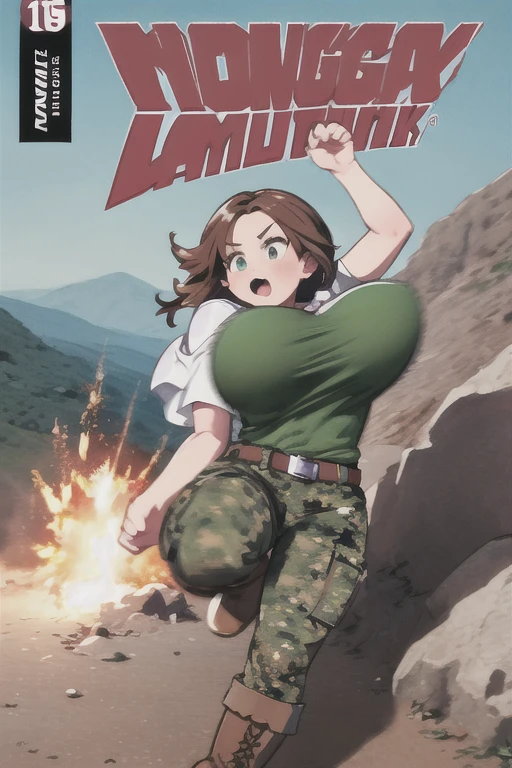 bootsnutes, shirt tucked in, green shirt, t-shirt, camouflage pants, black belt, belt buckle, outdoors, 1girl, trail, mountain, running, gigantic breasts, bouncing breasts, unaligned breasts, motion lines, motion blur, rock, comic cover, explosion