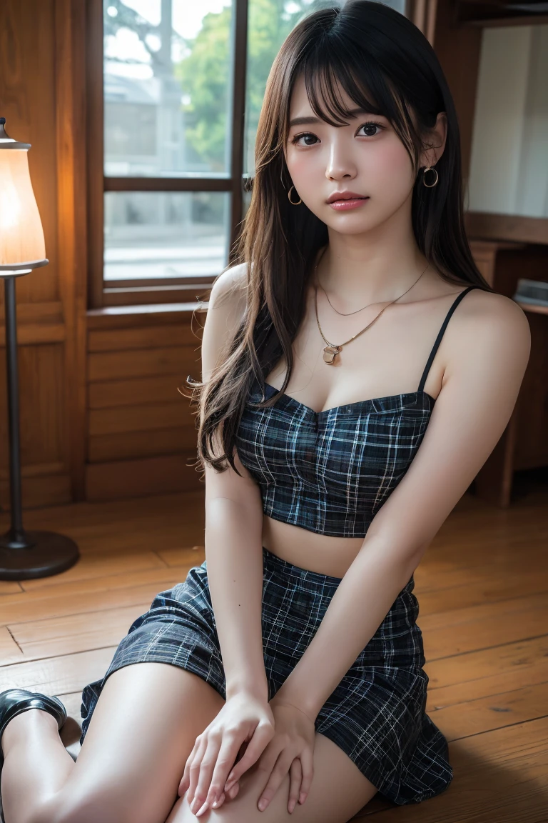 (Highest quality:1.4),(masterpiece:1.4),(Realistic:1.4),(Realistic:1.2),(超High resolution, RAW Photos:1.4),(High resolution, Ultra-detailed:1.2),(8K:1.2),View your viewers,Cinematic photography,One girl,skeletally correct,Black-haired woman,(Small earrings,necklace,Checkered tube top dress,Beautiful body lines,View from the front),(Western-style building interior,Dimly lit room,The lamplight shines on my cheeks)