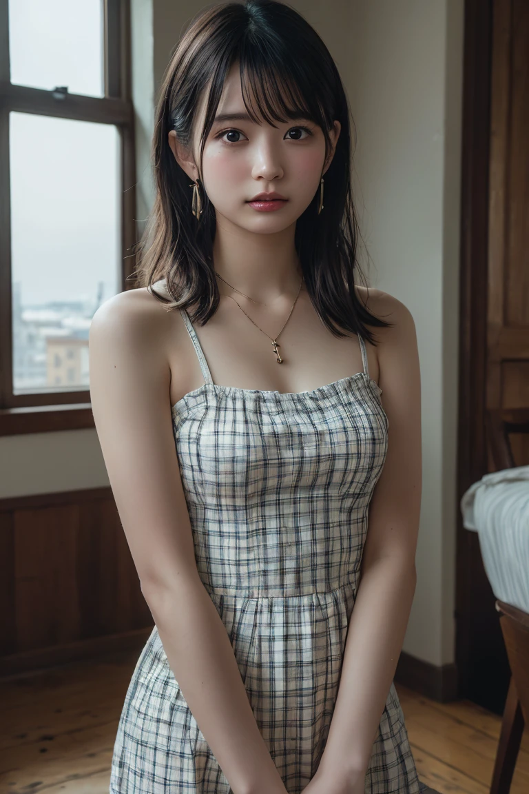 (Highest quality:1.4),(masterpiece:1.4),(Realistic:1.4),(Realistic:1.2),(超High resolution, RAW Photos:1.4),(High resolution, Ultra-detailed:1.2),(8K:1.2),View your viewers,Cinematic photography,One girl,skeletally correct,Black-haired woman,(Small earrings,necklace,Checkered tube top dress,Beautiful body lines,View from the front),(Western-style building interior,Dimly lit room,The lamplight shines on my cheeks)