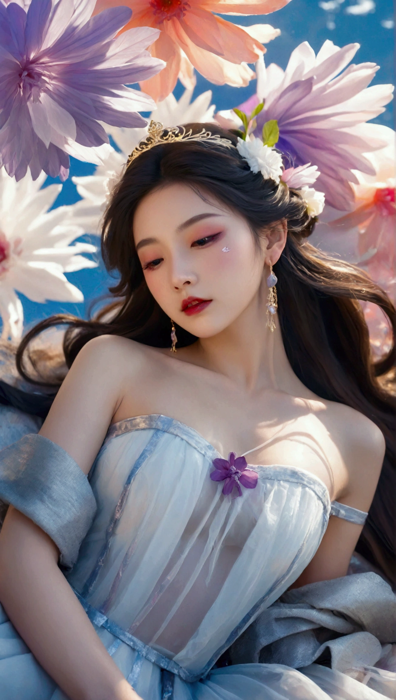 Masterpiece，Dazzling multicolored light，ultra detailed，A girl.，In the flowers，**** a sleeping princess，Earrings，White feather tulle，Long white eyelashes，Extra-long hair is slightly curly，White hair，(Hair takes up the entire frame)，a charming face，Glowing lips，clavicle，Shoulder exposure，Floating petals，Dreamy and beautiful，The characters are thick and painted.，Fine strokes，Wallpaper，The background is graded with white and purple，anime aesthetic，Poolcoreanime beauty，Hyperrealism，sparkle，textured skin，super detail，best quality，8k， ,