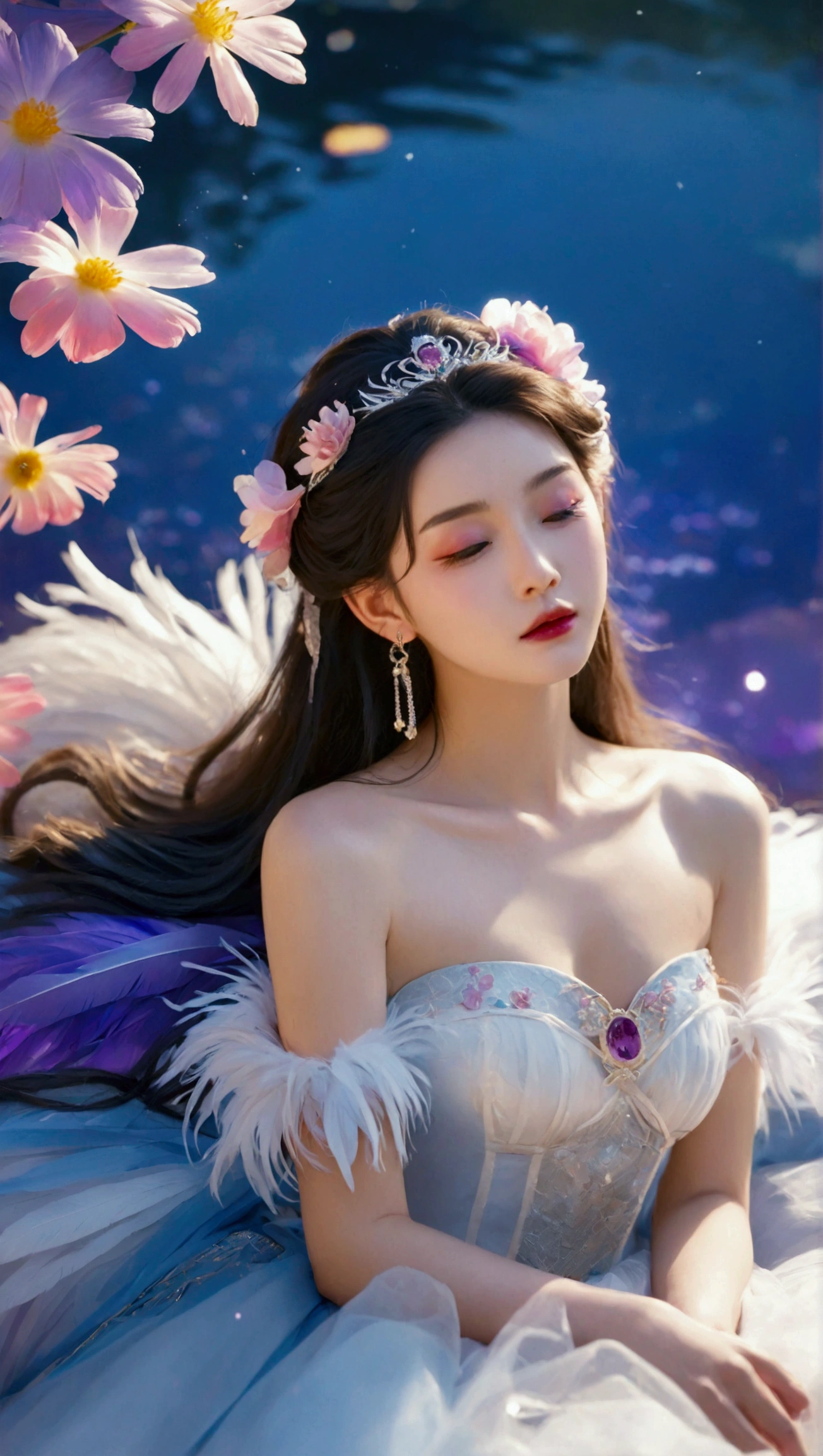 Masterpiece,Dazzling multicolored light,ultra detailed,A girl.,In the flowers,**** a sleeping princess,Earrings,White feather tulle,Long white eyelashes,Extra-long hair is slightly curly,White hair,(Hair takes up the entire frame),a charming face,Glowing lips,clavicle,Shoulder exposure,Floating petals,Dreamy and beautiful,The characters are thick and painted.,Fine strokes,Wallpaper,The background is graded with white and purple,anime aesthetic,Poolcoreanime beauty,Hyperrealism,sparkle,textured skin,super detail,best quality,8k, ,