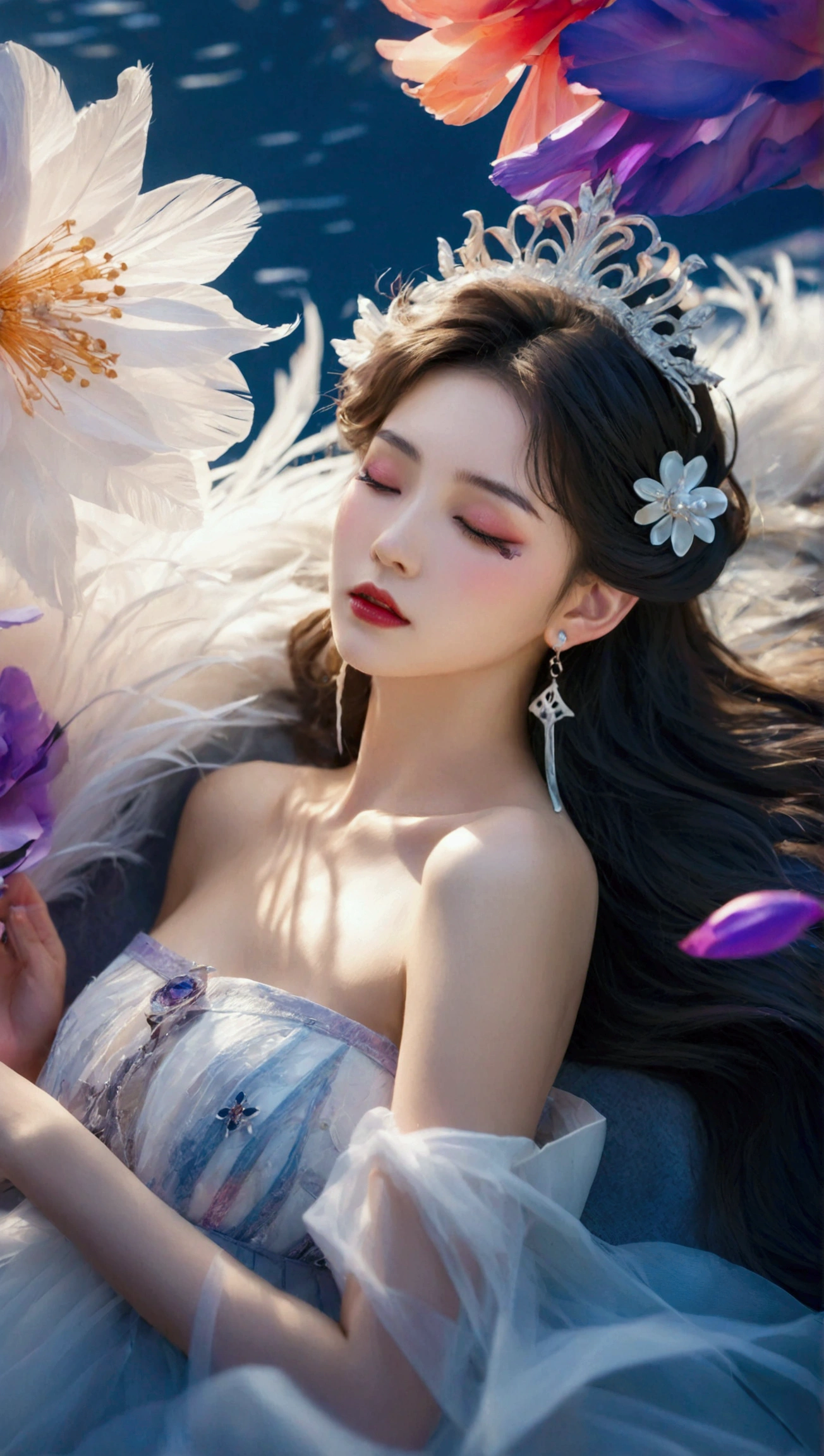 Masterpiece,Dazzling multicolored light,ultra detailed,A girl.,In the flowers,**** a sleeping princess,Earrings,White feather tulle,Long white eyelashes,Extra-long hair is slightly curly,White hair,(Hair takes up the entire frame),a charming face,Glowing lips,clavicle,Shoulder exposure,Floating petals,Dreamy and beautiful,The characters are thick and painted.,Fine strokes,Wallpaper,The background is graded with white and purple,anime aesthetic,Poolcoreanime beauty,Hyperrealism,sparkle,textured skin,super detail,best quality,8k, ,