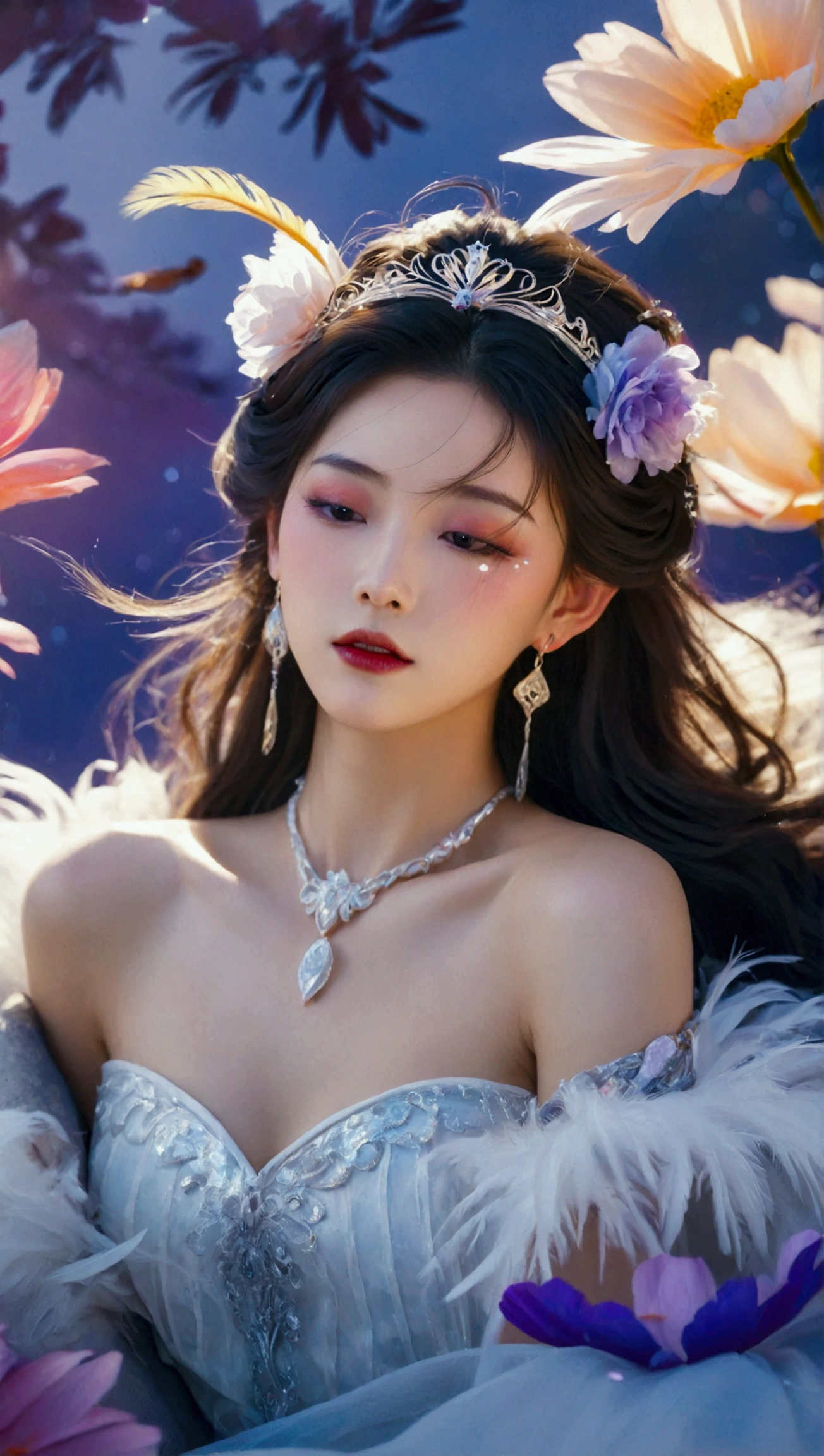 Masterpiece，Dazzling multicolored light，ultra detailed，A girl.，In the flowers，**** a sleeping princess，Earrings，White feather tulle，Long white eyelashes，Extra-long hair is slightly curly，White hair，(Hair takes up the entire frame)，a charming face，Glowing lips，clavicle，Shoulder exposure，Floating petals，Dreamy and beautiful，The characters are thick and painted.，Fine strokes，Wallpaper，The background is graded with white and purple，anime aesthetic，Poolcoreanime beauty，Hyperrealism，sparkle，textured skin，super detail，best quality，8k， ,