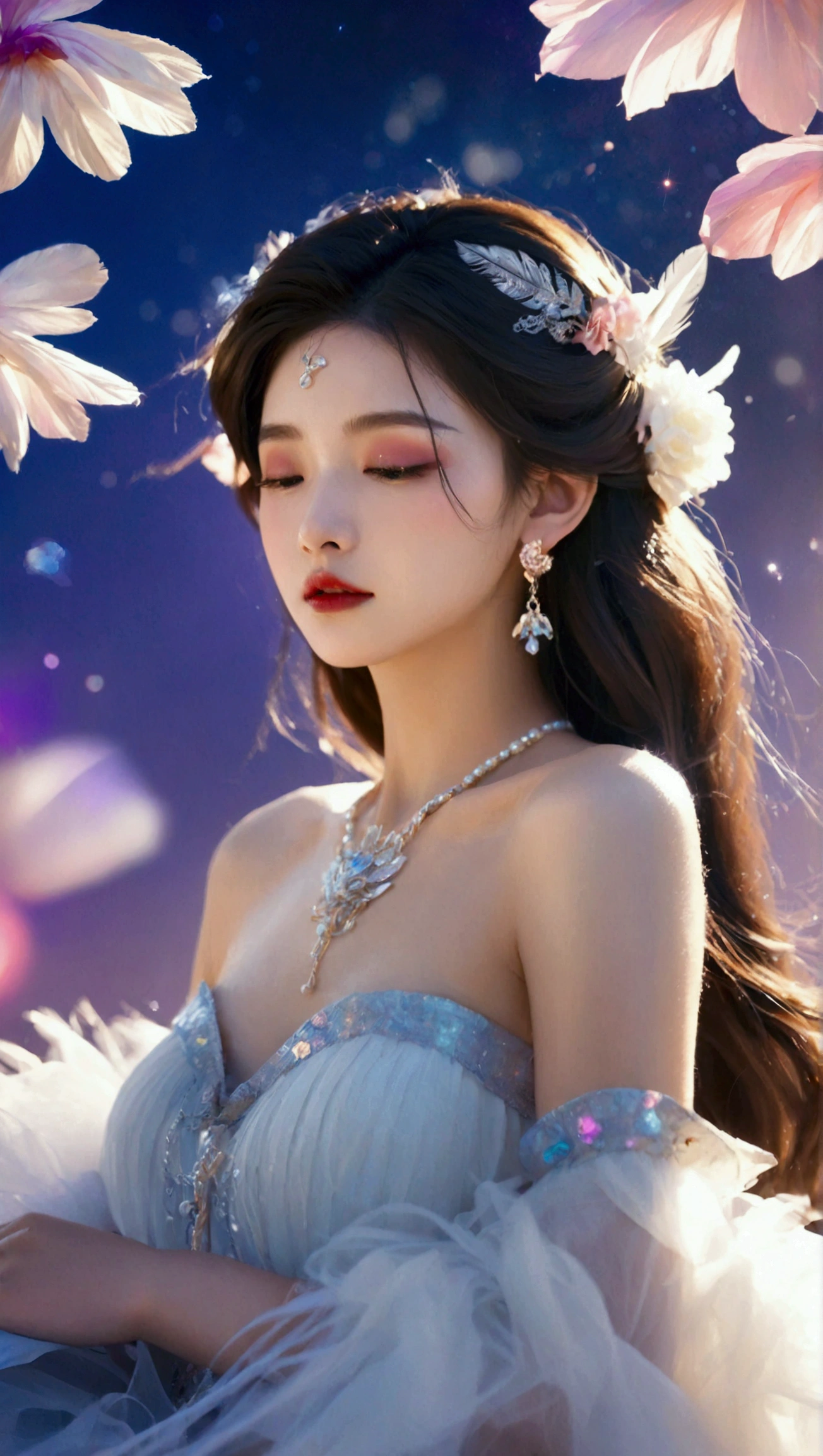 Masterpiece，Dazzling multicolored light，ultra detailed，A girl.，In the flowers，**** a sleeping princess，Earrings，White feather tulle，Long white eyelashes，Extra-long hair is slightly curly，White hair，(Hair takes up the entire frame)，a charming face，Glowing lips，clavicle，Shoulder exposure，Floating petals，Dreamy and beautiful，The characters are thick and painted.，Fine strokes，Wallpaper，The background is graded with white and purple，anime aesthetic，Poolcoreanime beauty，Hyperrealism，sparkle，textured skin，super detail，best quality，8k， ,