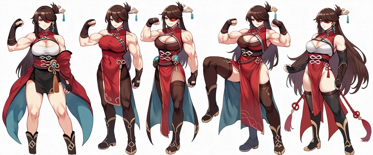 Hews style, 1girl, beidou_(genshin_impact), breasts, solo, long_hair, gloves, cleavage, thighhighs, eyepatch, muscular_female, muscular, fingerless_gloves, brown_hair, earrings, dress, hair_ornament, jewelry, biceps, large_breasts, black_gloves, cleavage_cutout, clothing_cutout, pelvic_curtain, chinese_clothes, bare_shoulders, white_background, simple_background, hairpin, boots, hair_stick, red_dress, flexing