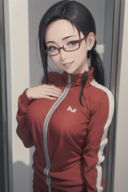 masterpiece, best quality,  satou sakie, glasses, track jacket, jacket opened, red pants, looking at viewer, large breasts, upper body, portrait, looking at viewer, parted lips, smile, hand on own chest, from above