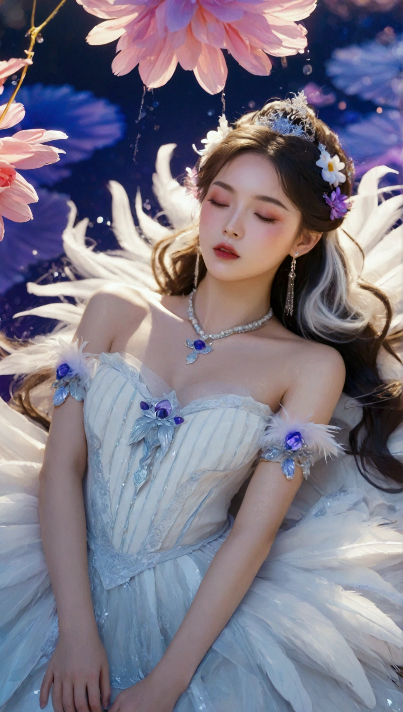 Masterpiece,Dazzling multicolored light,ultra detailed,A girl.,In the flowers,**** a sleeping princess,Earrings,White feather tulle,Long white eyelashes,Extra-long hair is slightly curly,White hair,(Hair takes up the entire frame),a charming face,Glowing lips,clavicle,Shoulder exposure,Floating petals,Dreamy and beautiful,The characters are thick and painted.,Fine strokes,Wallpaper,The background is graded with white and purple,anime aesthetic,Poolcoreanime beauty,Hyperrealism,sparkle,textured skin,super detail,best quality,8k, ,