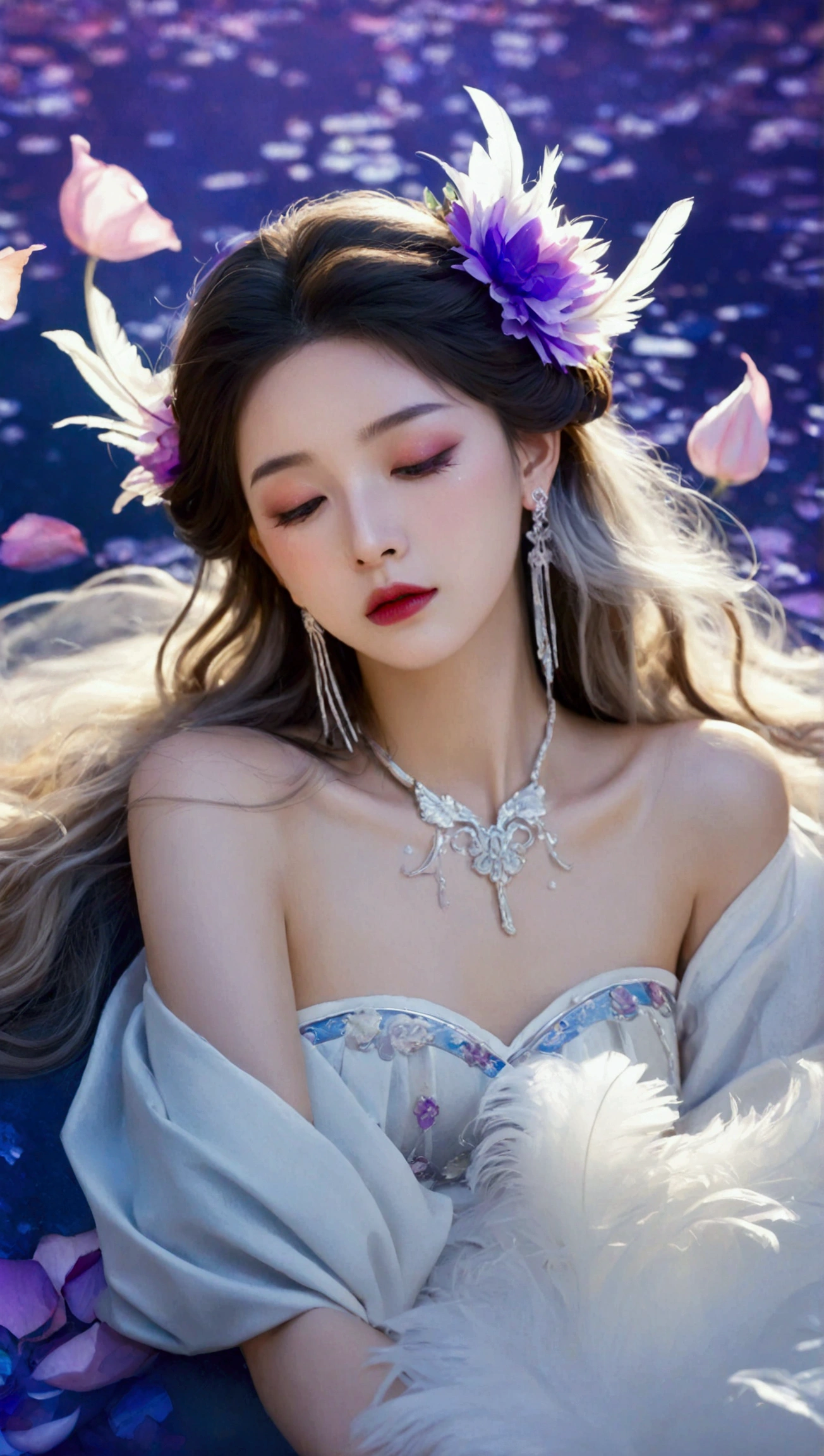 Masterpiece，Dazzling multicolored light，ultra detailed，A girl.，In the flowers，**** a sleeping princess，Earrings，White feather tulle，Long white eyelashes，Extra-long hair is slightly curly，White hair，(Hair takes up the entire frame)，a charming face，Glowing lips，clavicle，Shoulder exposure，Floating petals，Dreamy and beautiful，The characters are thick and painted.，Fine strokes，Wallpaper，The background is graded with white and purple，anime aesthetic，Poolcoreanime beauty，Hyperrealism，sparkle，textured skin，super detail，best quality，8k， ,