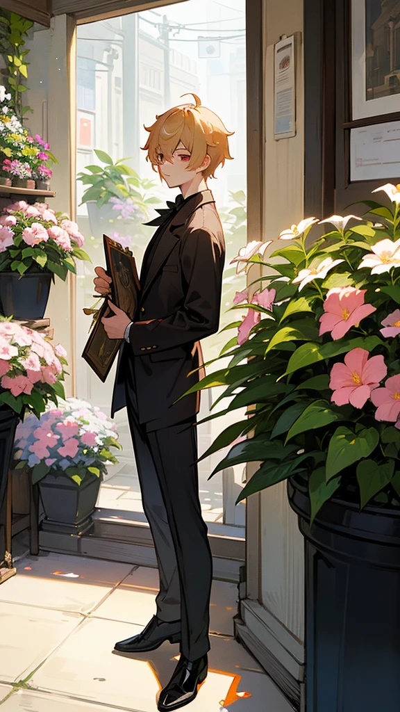 Extremely refined, Astonishing, Fine details, masterpiece, Extremely detailed, high resolution,Best Illustration Award, The best shadow,complex,Clear focus, high quality, 1 male, Solitary, blond. Red Eyes, Genshin Impact, In front of the flower shop, Potted flowers, Flowers for sale