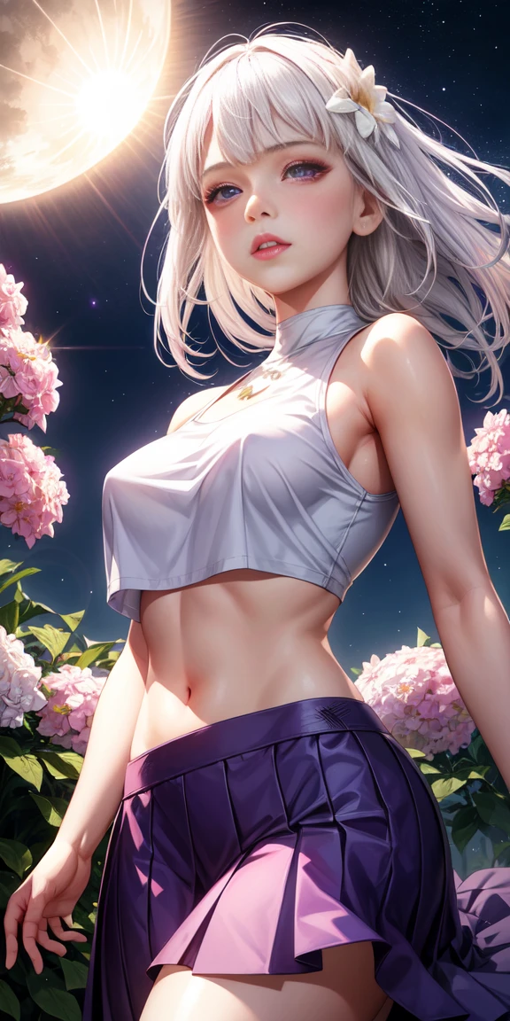 realistic, 1girl, white hair, purple eyes, glowing eyes, crop top, skirt, parted lips, blush, night, flowers, sun, sunlight,