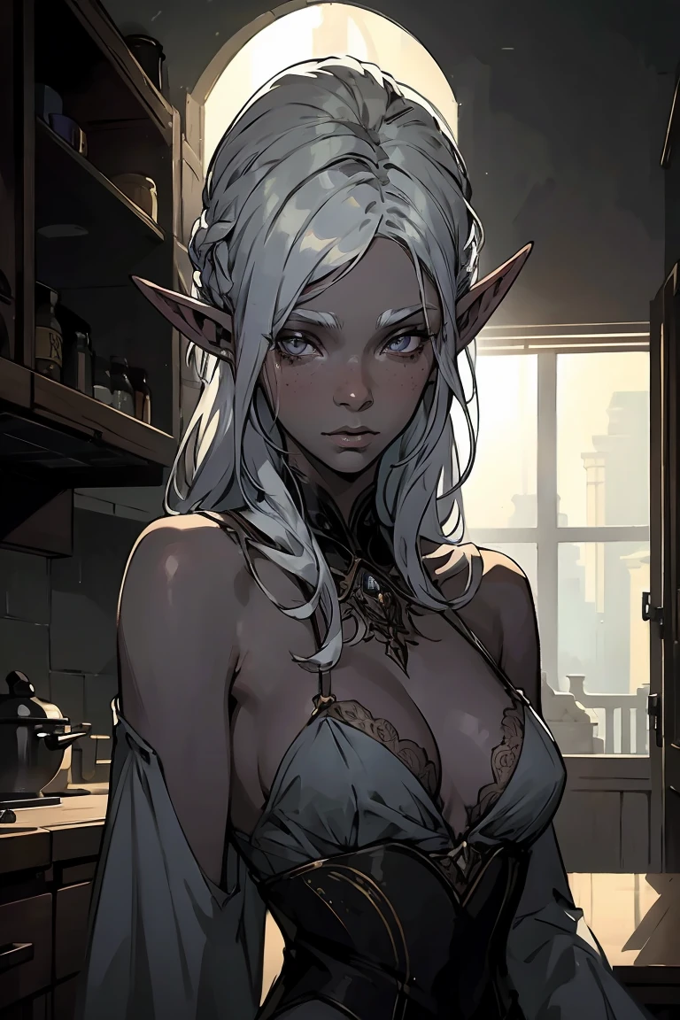 high quality: 1.3, cinematic frame, masterpiece, very detailed bright portrait, drow (elven long ears), ((Girl with gray skin)) (beautiful young woman), pretty face, fantasy, complex hairstyle
, (white hair), glowing hair, night, (very detailed skin), detailed background, in kitchen, indoor, soft lighting, tavern crepuscular lighting, volumetric lighting, complex parts, UHD