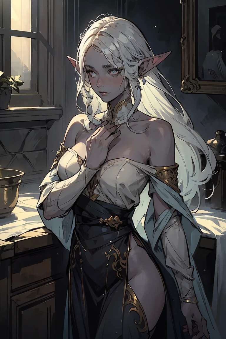 high quality: 1.3, cinematic frame, masterpiece, very detailed bright portrait, drow (elven long ears), ((Girl with gray skin)) (beautiful young woman), pretty face, fantasy, complex hairstyle
, (white hair), glowing hair, night, (very detailed skin), detailed background, in kitchen, indoor, soft lighting, tavern crepuscular lighting, volumetric lighting, complex parts, UHD